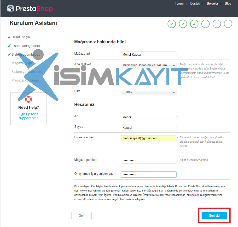 prestashop kurulumu admin bilgileri