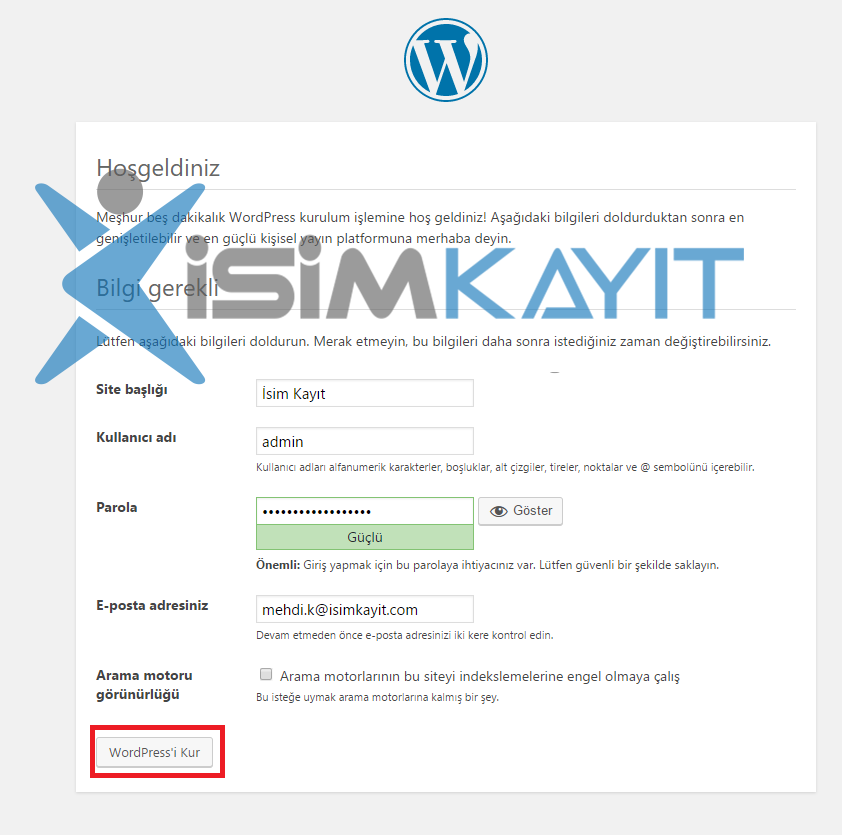 wordpress kurulum admin bilgileri