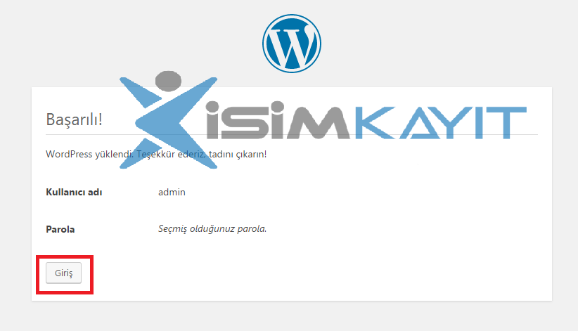 wordpress kurulum admin bilgileri
