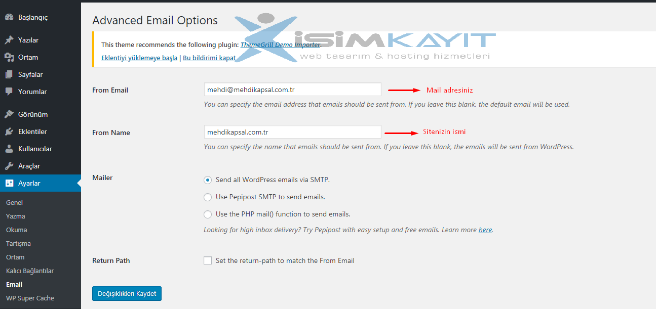 WordPress SMTP Gönderici Ayarları