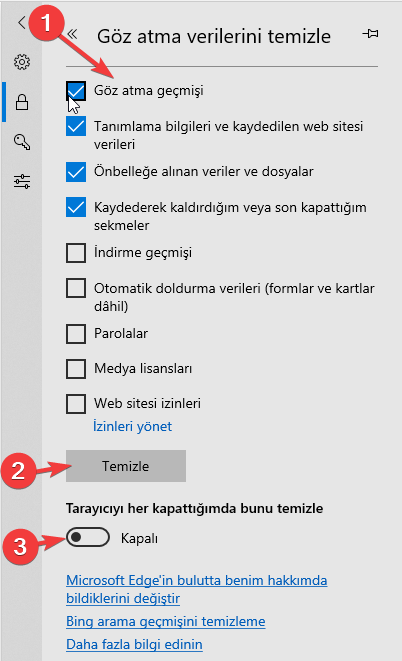 Microsoft Edge Silinecek Verileri Seçme