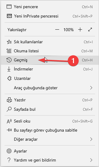Microsoft Edge Geçmiş ekranı