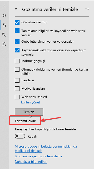 Microsoft Edge önbellek temizleme tamamlandı